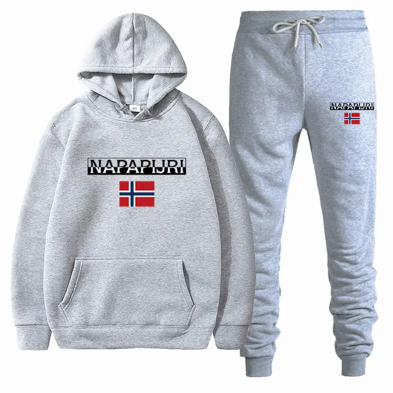 Men Women Black Fleece Hoodie Set with Flag Print