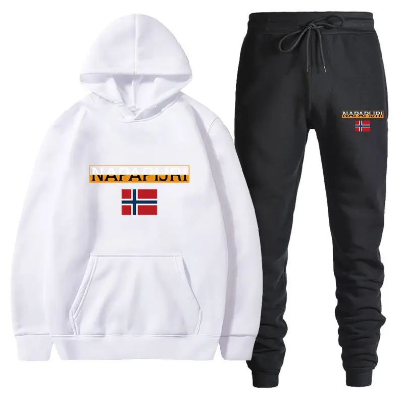 Men Women Black Fleece Hoodie Set with Flag Print