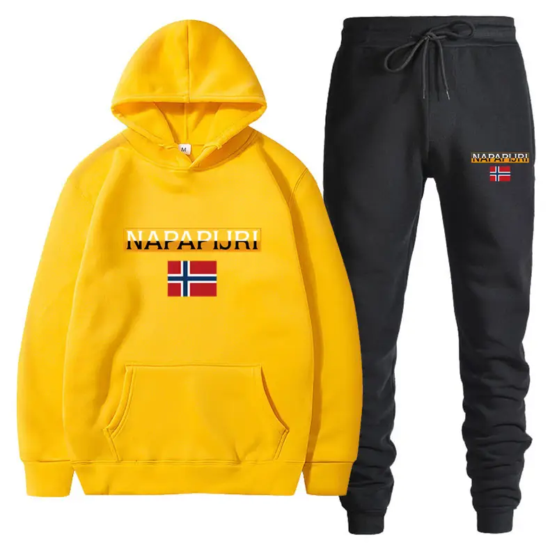 Men Women Black Fleece Hoodie Set with Flag Print