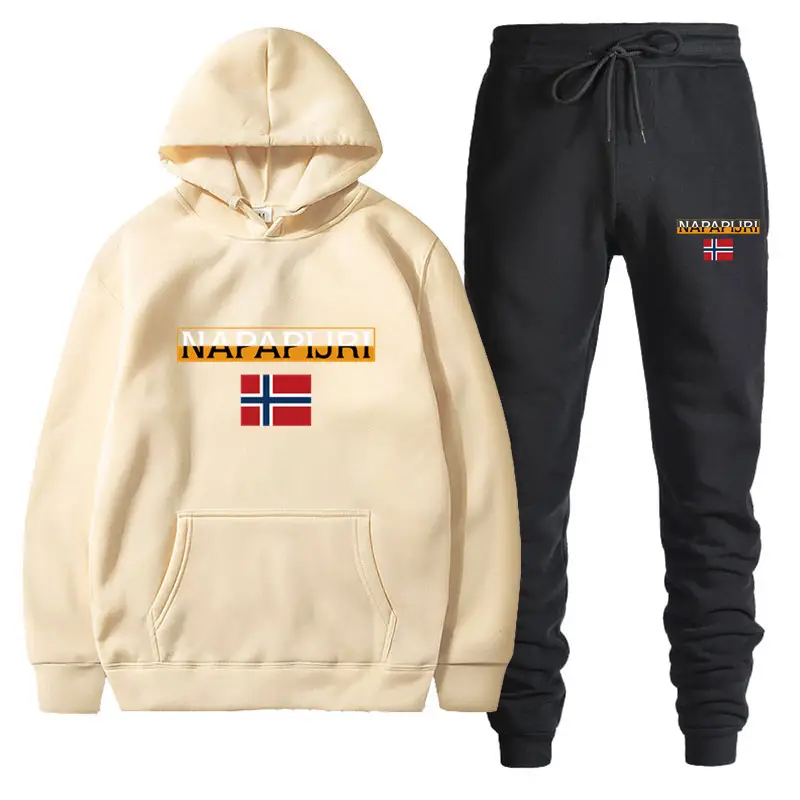 Men Women Black Fleece Hoodie Set with Flag Print