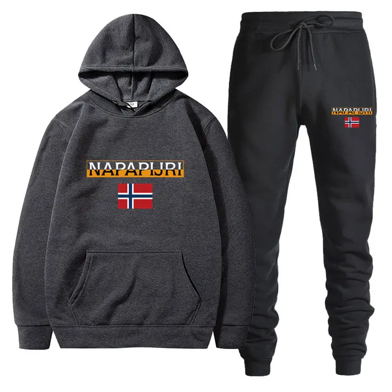 Men Women Black Fleece Hoodie Set with Flag Print