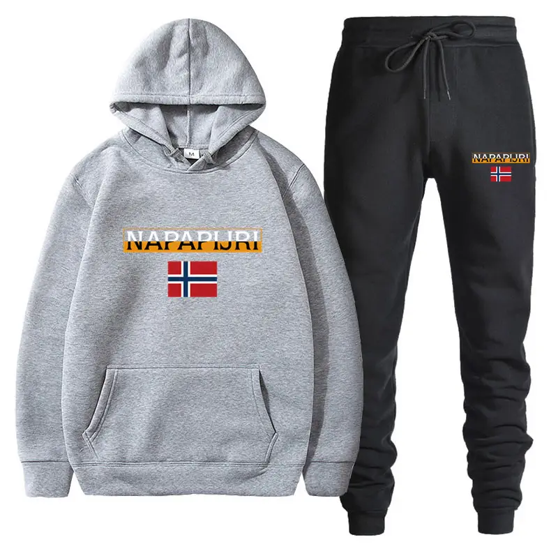 Men Women Black Fleece Hoodie Set with Flag Print