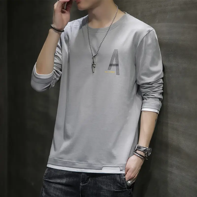 Men Grey Long Sleeve T-Shirt with 'A' Print - Image 4