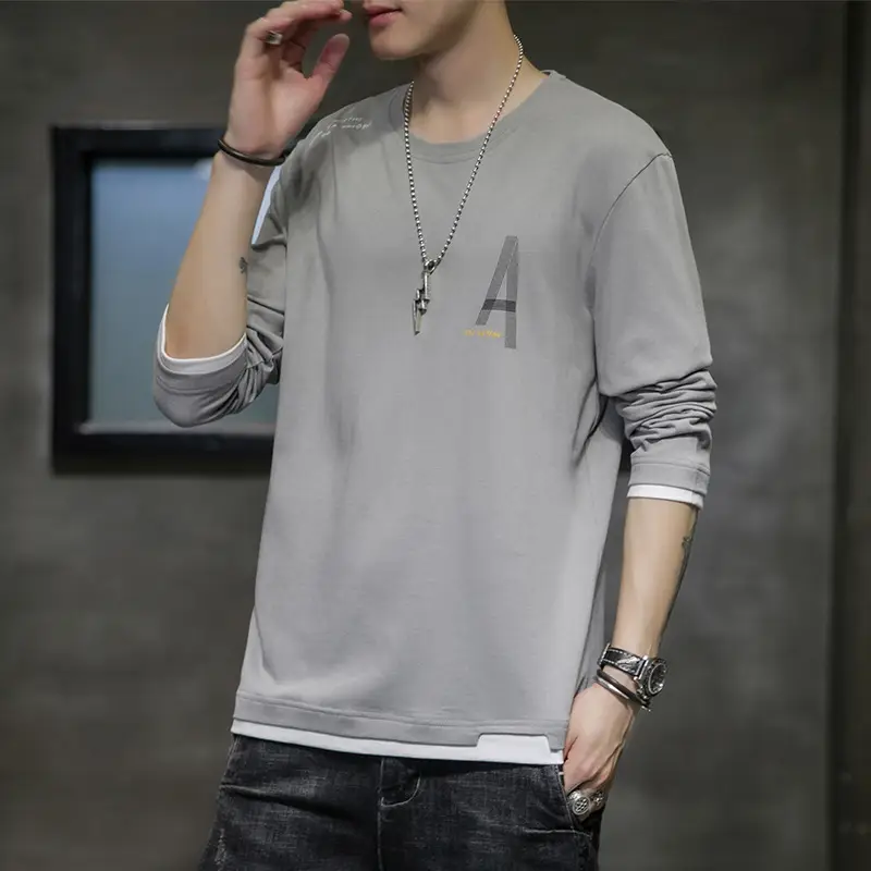 Men Grey Long Sleeve T-Shirt with 'A' Print - Image 6