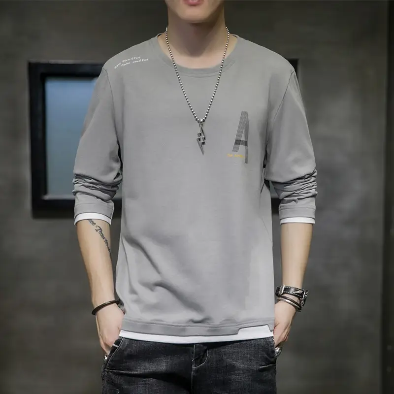 Men Grey Long Sleeve T-Shirt with 'A' Print - Image 2