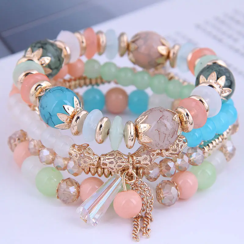 Multi-layer Crystal Bead Bracelet with Tassels - Image 2