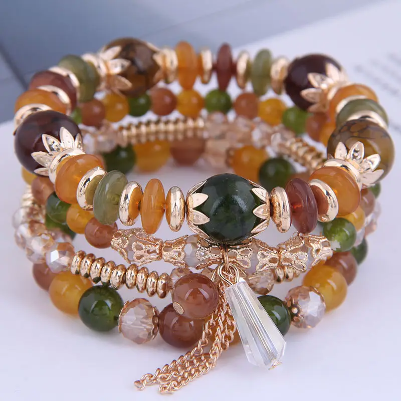 Multi-layer Crystal Bead Bracelet with Tassels - Image 3