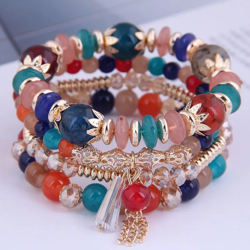 Multi-layer Crystal Bead Bracelet with Tassels - Image 5