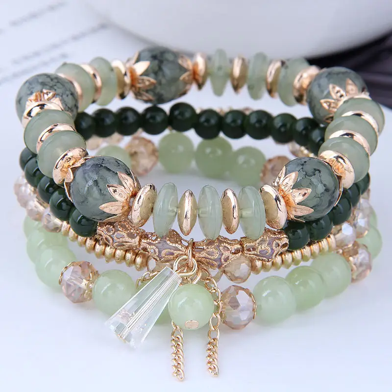 Multi-layer Crystal Bead Bracelet with Tassels - Image 7