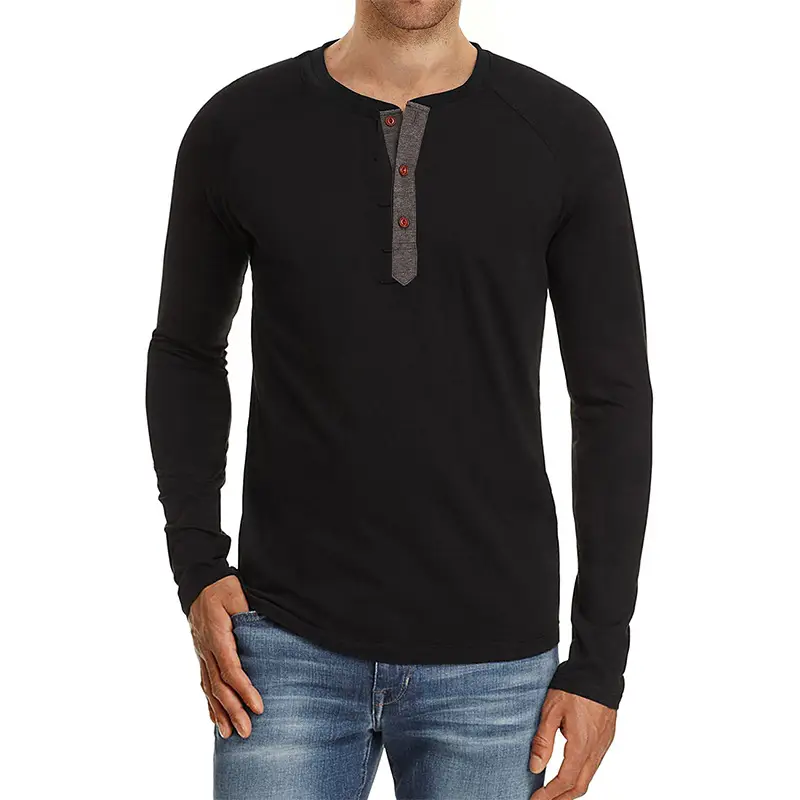 Men's Black Long Sleeve T-Shirt with Button Front - Image 3