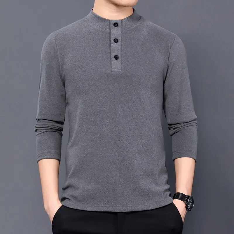 Men's Grey Velvet Fleece Long Sleeve Collar T-Shirt - Image 7