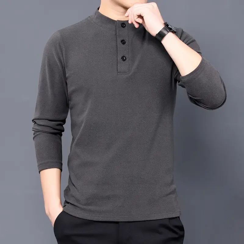 Men's Grey Velvet Fleece Long Sleeve Collar T-Shirt - Image 9