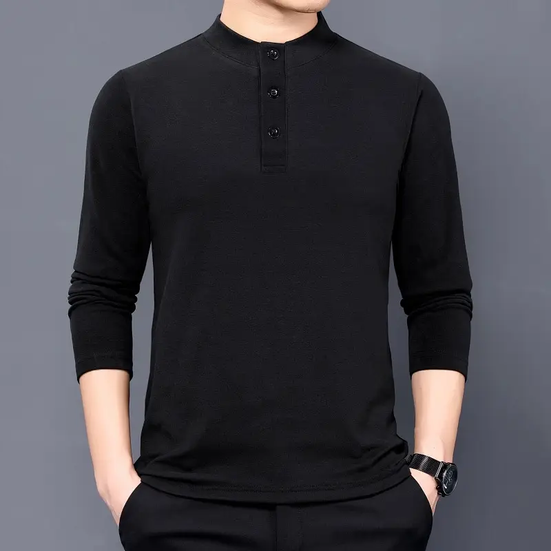 Men's Grey Velvet Fleece Long Sleeve Collar T-Shirt - Image 3