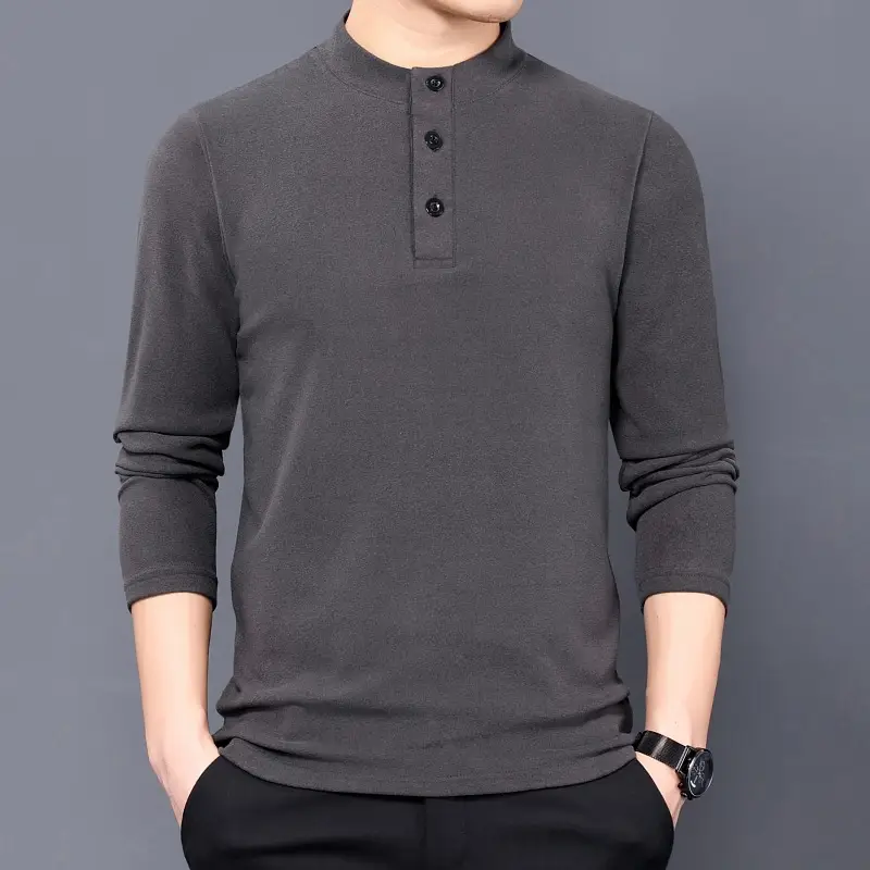 Men's Grey Velvet Fleece Long Sleeve Collar T-Shirt - Image 4