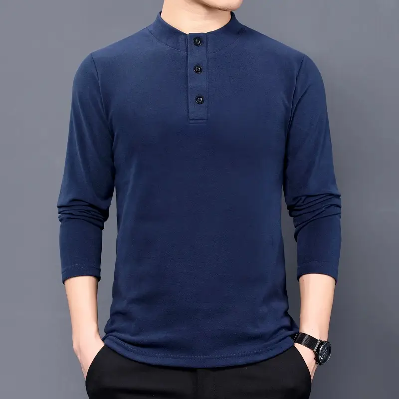 Men's Grey Velvet Fleece Long Sleeve Collar T-Shirt - Image 5