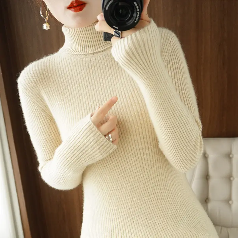 Blue Ribbed Women's Turtleneck Sweater High Neck Slim Fit - Image 26