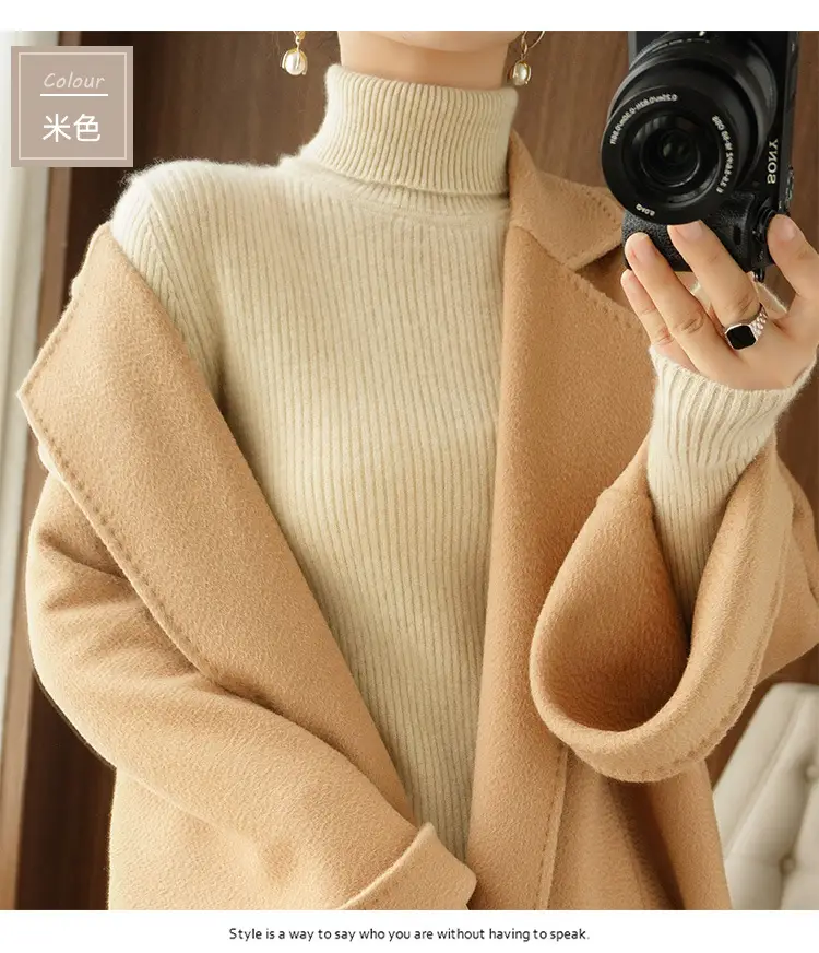 Blue Ribbed Women's Turtleneck Sweater High Neck Slim Fit — feature 11