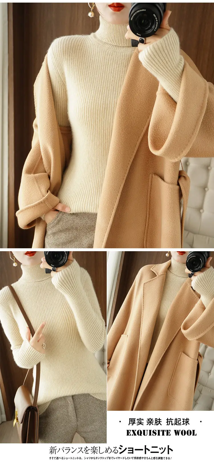 Blue Ribbed Women's Turtleneck Sweater High Neck Slim Fit — feature 12
