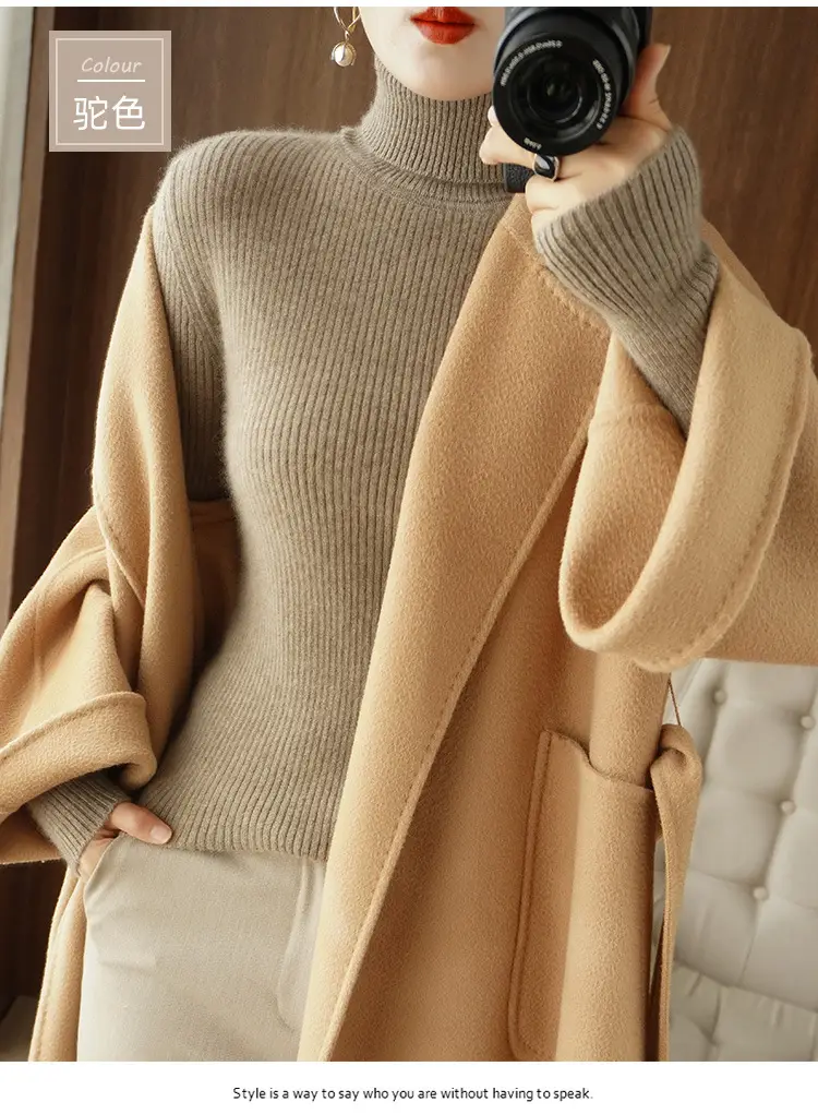 Blue Ribbed Women's Turtleneck Sweater High Neck Slim Fit — feature 13