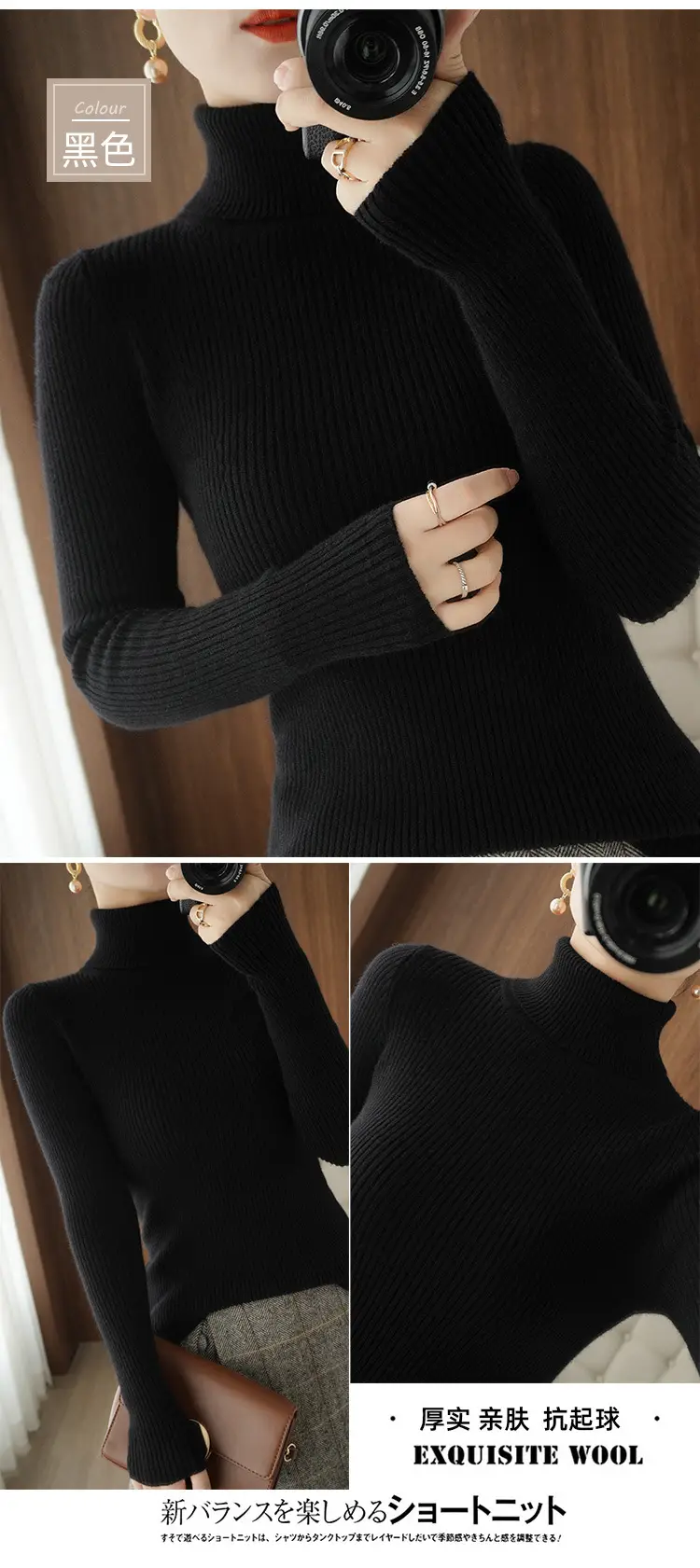Blue Ribbed Women's Turtleneck Sweater High Neck Slim Fit — feature 22