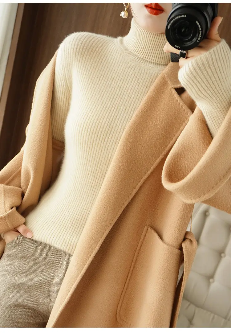 Blue Ribbed Women's Turtleneck Sweater High Neck Slim Fit — feature 4