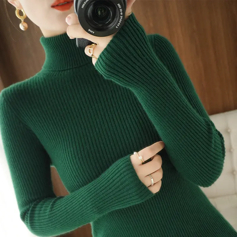 Blue Ribbed Women's Turtleneck Sweater High Neck Slim Fit - Image 10
