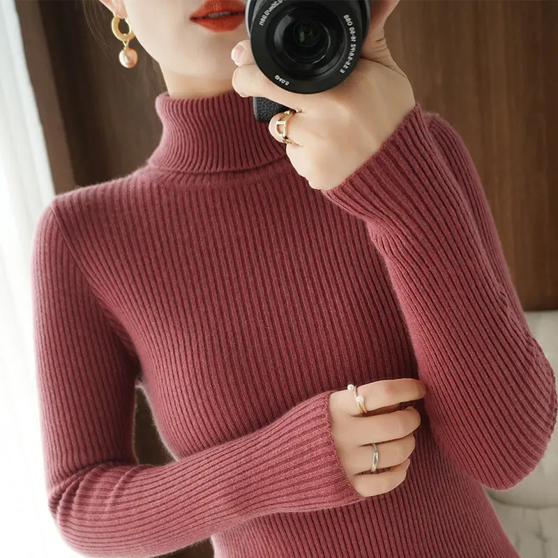 Blue Ribbed Women's Turtleneck Sweater High Neck Slim Fit - Image 12