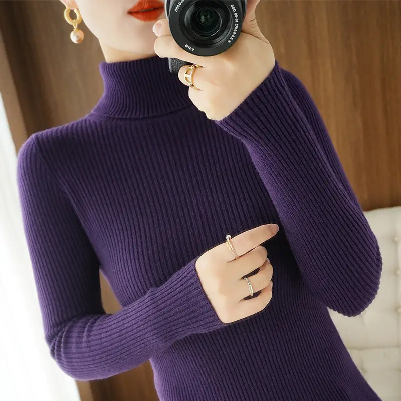 Blue Ribbed Women's Turtleneck Sweater High Neck Slim Fit - Image 13