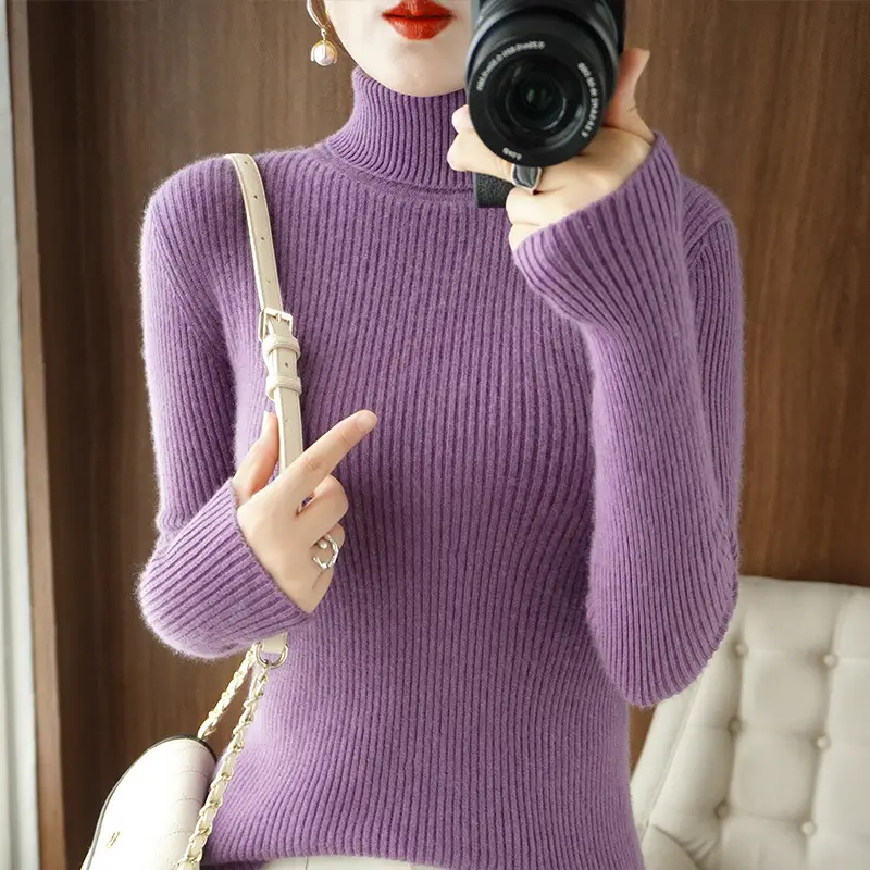 Blue Ribbed Women's Turtleneck Sweater High Neck Slim Fit - Image 14