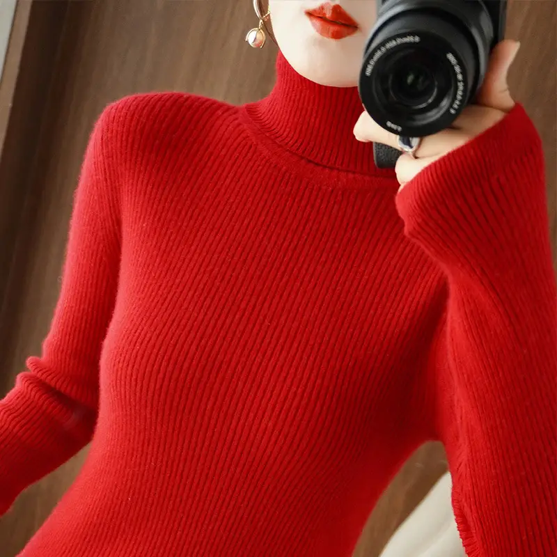 Blue Ribbed Women's Turtleneck Sweater High Neck Slim Fit - Image 15