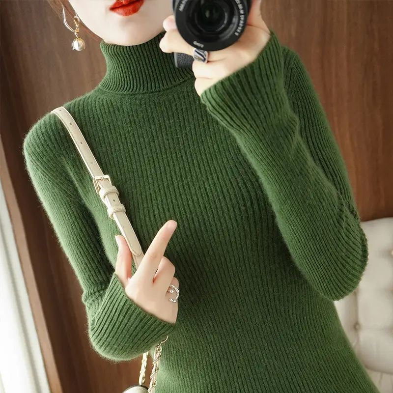 Blue Ribbed Women's Turtleneck Sweater High Neck Slim Fit - Image 16
