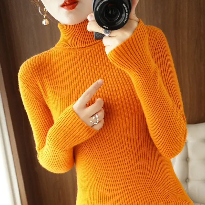 Blue Ribbed Women's Turtleneck Sweater High Neck Slim Fit - Image 18