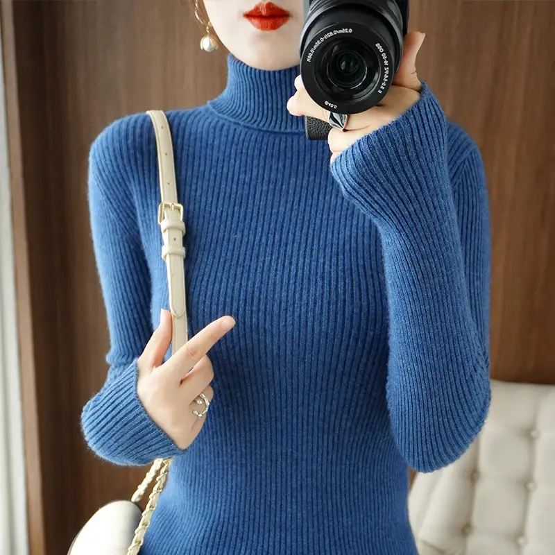 Blue Ribbed Women's Turtleneck Sweater High Neck Slim Fit - Image 19