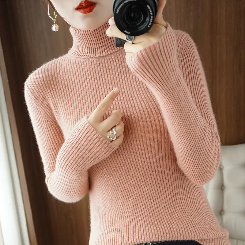 Blue Ribbed Women's Turtleneck Sweater High Neck Slim Fit - Image 23