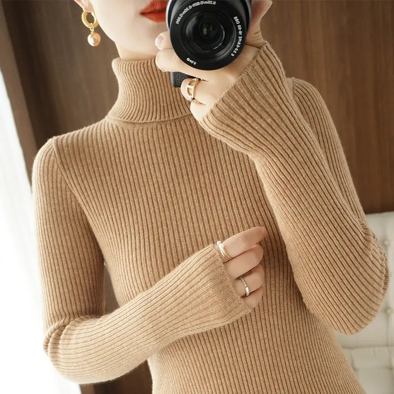 Blue Ribbed Women's Turtleneck Sweater High Neck Slim Fit - Image 5
