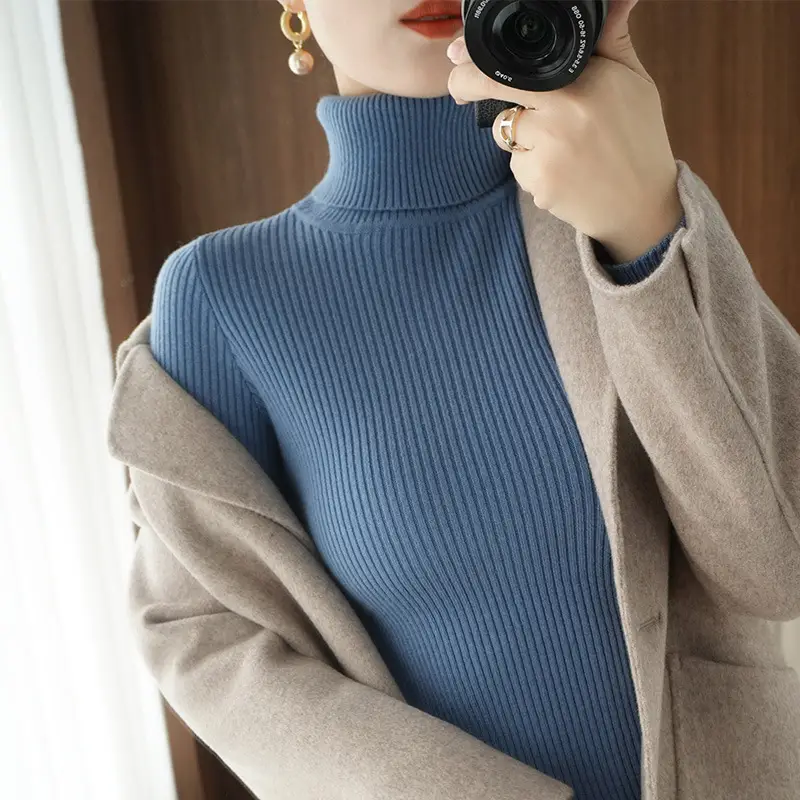 Blue Ribbed Women's Turtleneck Sweater High Neck Slim Fit - Image 6