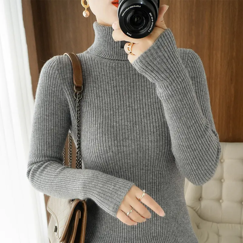 Blue Ribbed Women's Turtleneck Sweater High Neck Slim Fit - Image 7