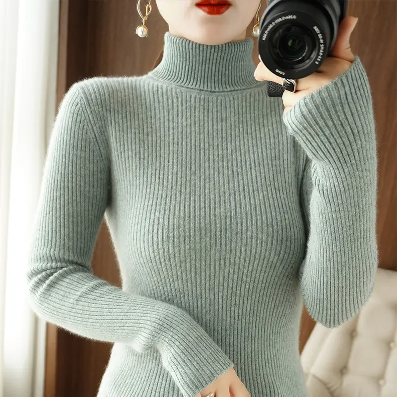 Blue Ribbed Women's Turtleneck Sweater High Neck Slim Fit - Image 8