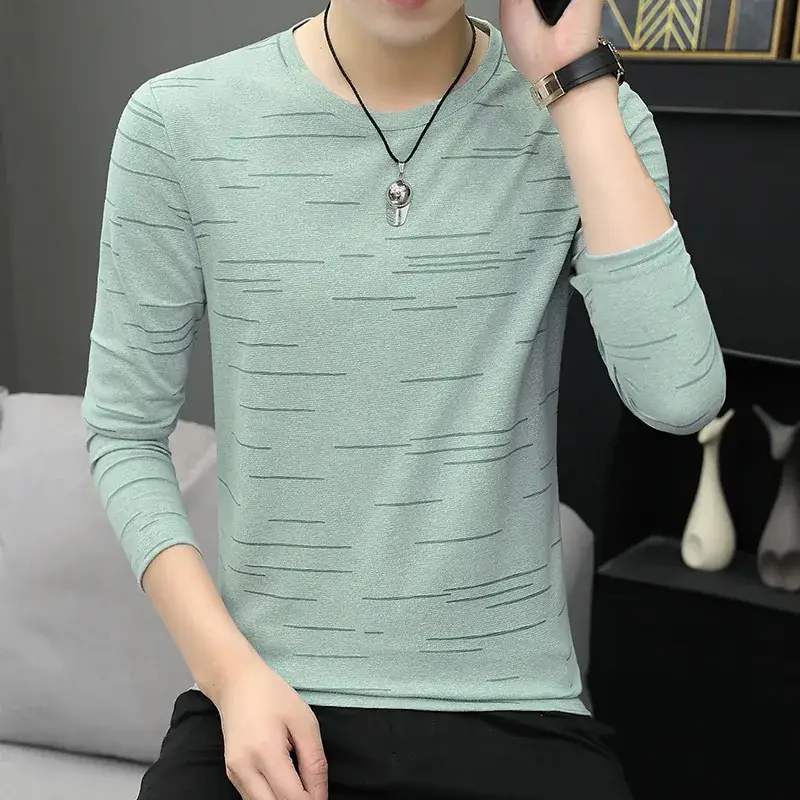 Men White Striped Long Sleeve T-Shirt Round Neck - Image 4