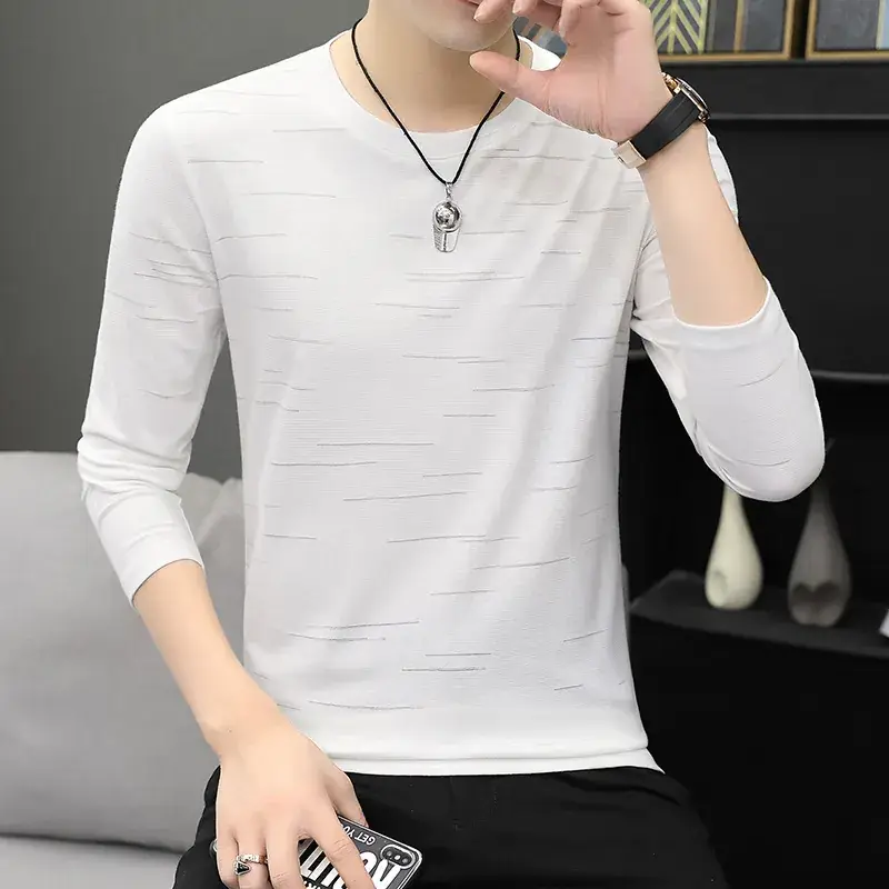 Men White Striped Long Sleeve T-Shirt Round Neck - Image 6
