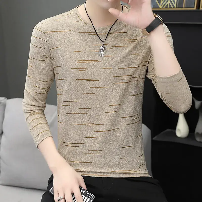 Men White Striped Long Sleeve T-Shirt Round Neck - Image 3