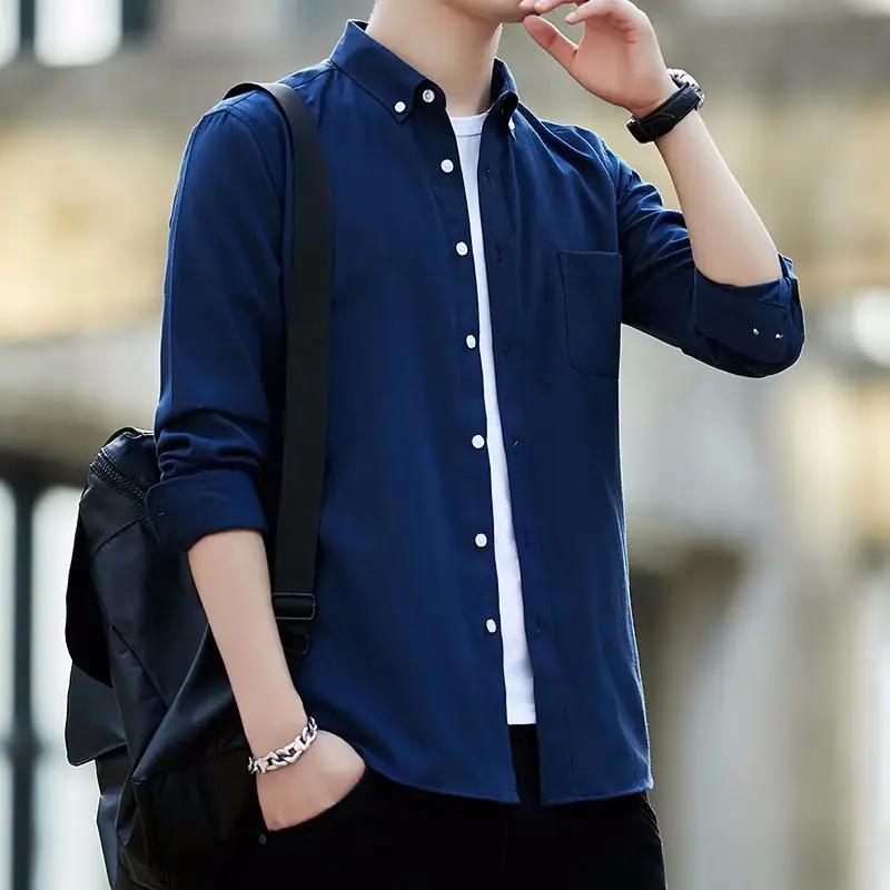 Men Navy Blue Long Sleeve Button Shirt with Loose Sleeve - Image 4
