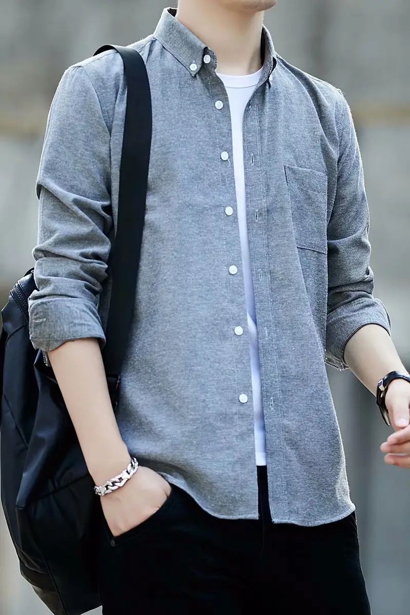 Men Navy Blue Long Sleeve Button Shirt with Loose Sleeve — feature 49