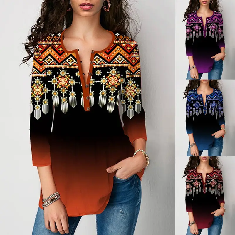 Women Printed V-neck T-shirt Maroon Gradient - Image 5