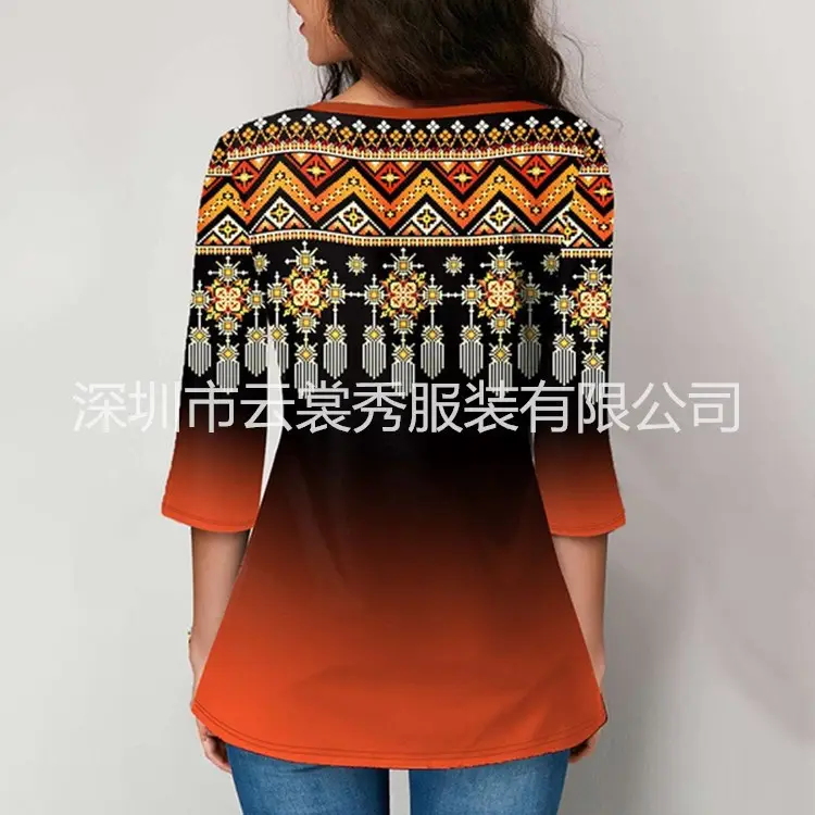 Women Printed V-neck T-shirt Maroon Gradient - Image 2