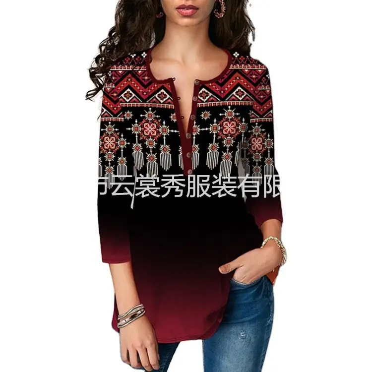Women Printed V-neck T-shirt Maroon Gradient - Image 6