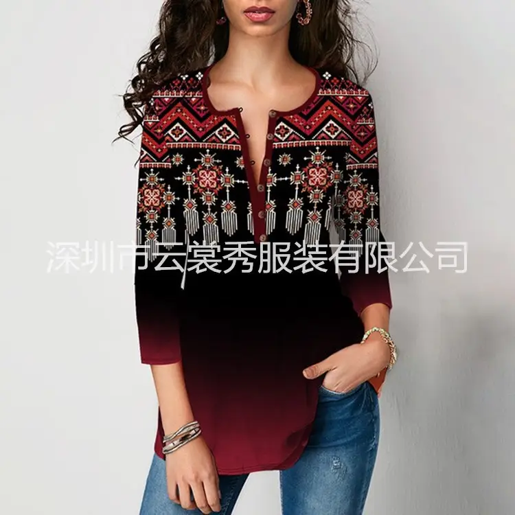 Women Printed V-neck T-shirt Maroon Gradient - Image 4