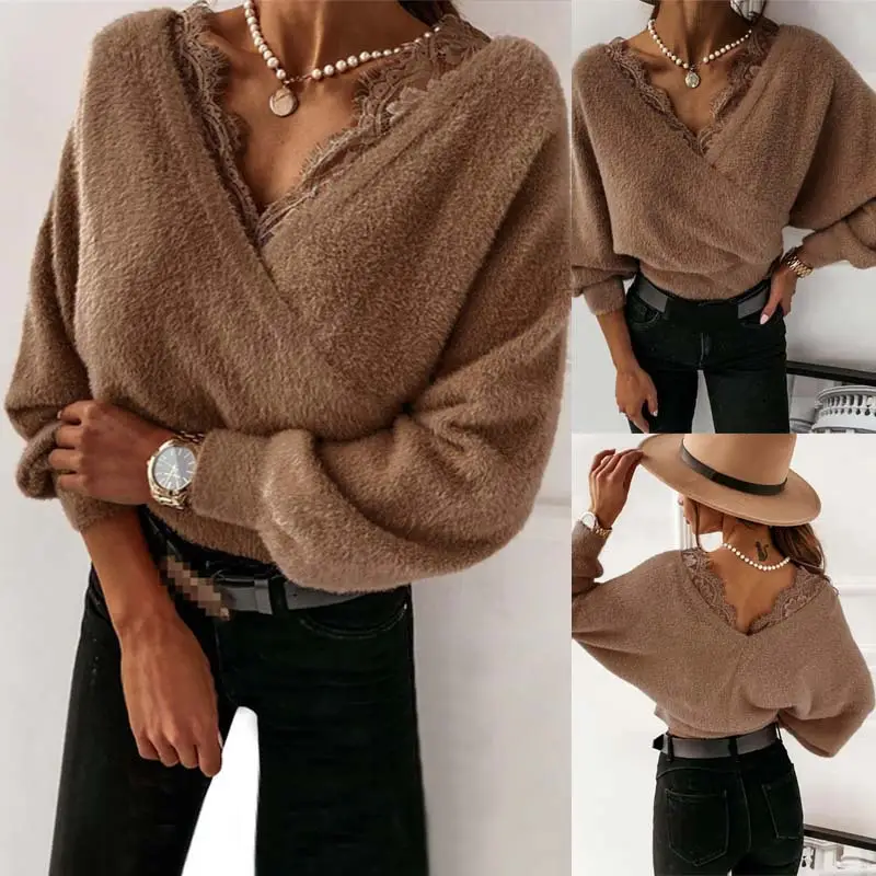 Lace Flannel Long Sleeve Top Brown