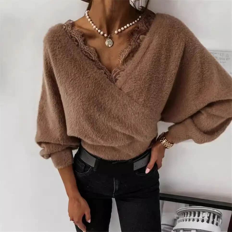 Lace Flannel Long Sleeve Top Brown
