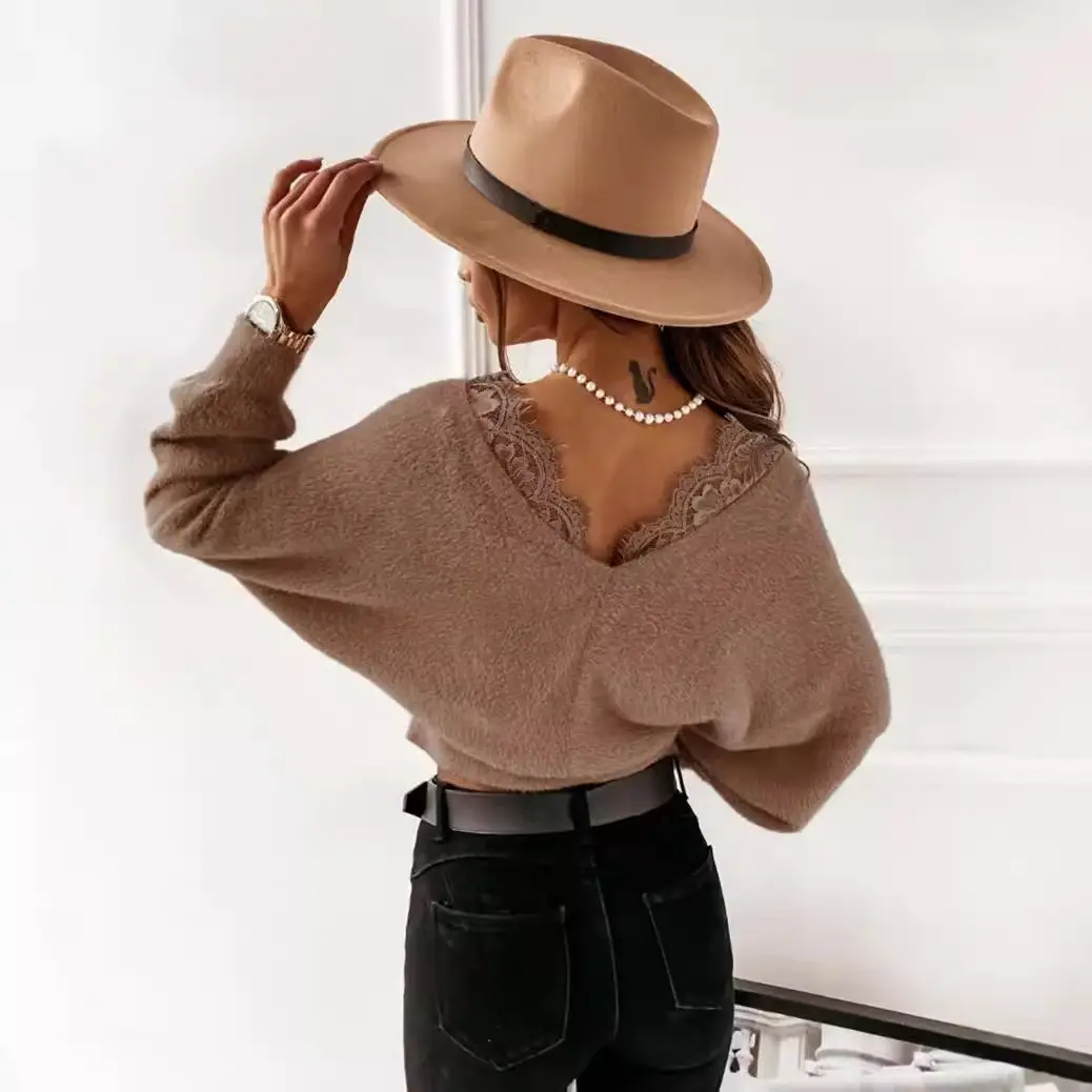 Lace Flannel Long Sleeve Top Brown
